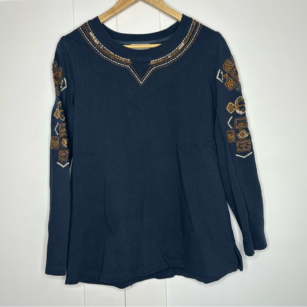 Soft Surroundings Beaded Sweatshirt Top Medium Tunic Navy Blue 100% Cotton tan